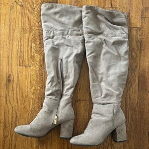 BAMBOO Taupe Suede Over-the-Knee Block Heel Boots